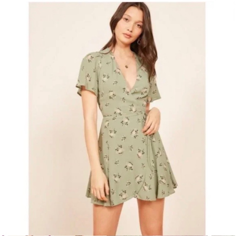 Reformation Adele Sage Green Floral Mini Dress